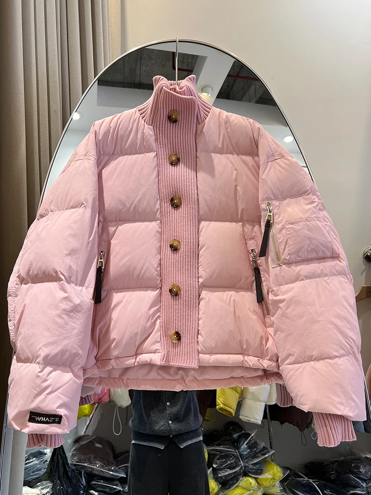 Winter new candy colored knitted spliced down jacket women thick puffs bread trendy short white duck down jacket