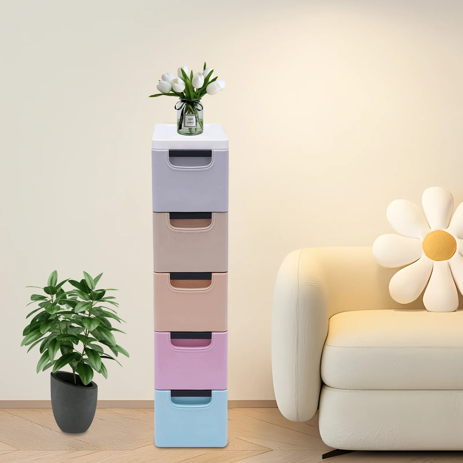 

Bymaocar 5 Layers Elegant Modern Mixed Color Storage Cabinet Space-saving 20×40×84cm,Drawer Design Storage Furniture with Handle