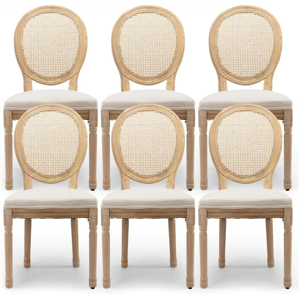 Set di 6 sedie da pranzo, sedie laterali da cucina ovali country francesi imbottite con schienale in rattan e gambe in legno, set di sedie da pranzo