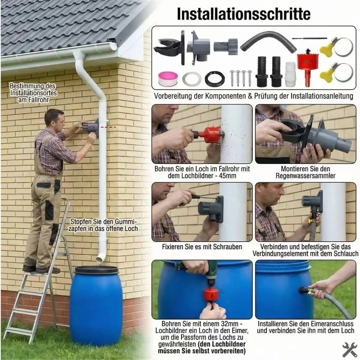 DT38 Rain Collector for Downpipes 70-110mm, Rainwater Collector with Mounting Accessories and 1m Hose, Rain Butt Connection