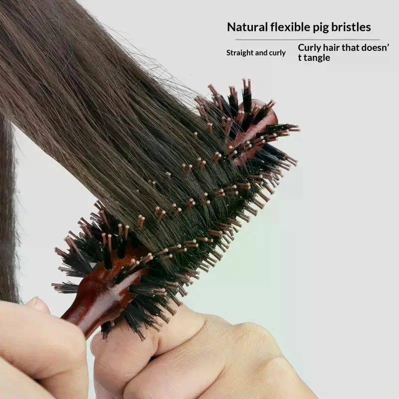 Wood Handle Boar Bristles Round Brush Tail Professional Barber Salon Hairdressing Hair Brush Home Blow Dry Curling Volume Comb