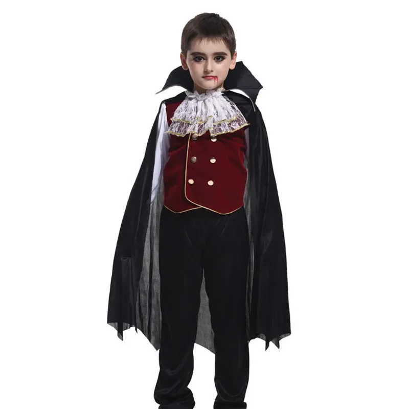 Halloween Vampir Kostüm Deluxe Karneval Party schwarz Trail ing Mesh Kleid Kinder Cosplay Dämon für Mädchen Jungen Kleidung Anzug