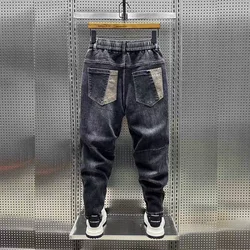 Men's Casual Drawstring Embroidery Pocket Denim Spring Autumn New Elastic Waistband Baggy Loose Jogger Pants Designer Mens Jeans