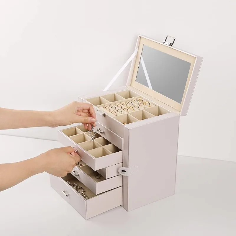 

Large Jewelry Box,6-Tier PU Leather Jewelry Organizer,Multi-functional Storage Case with Mirror,Accessories Holder