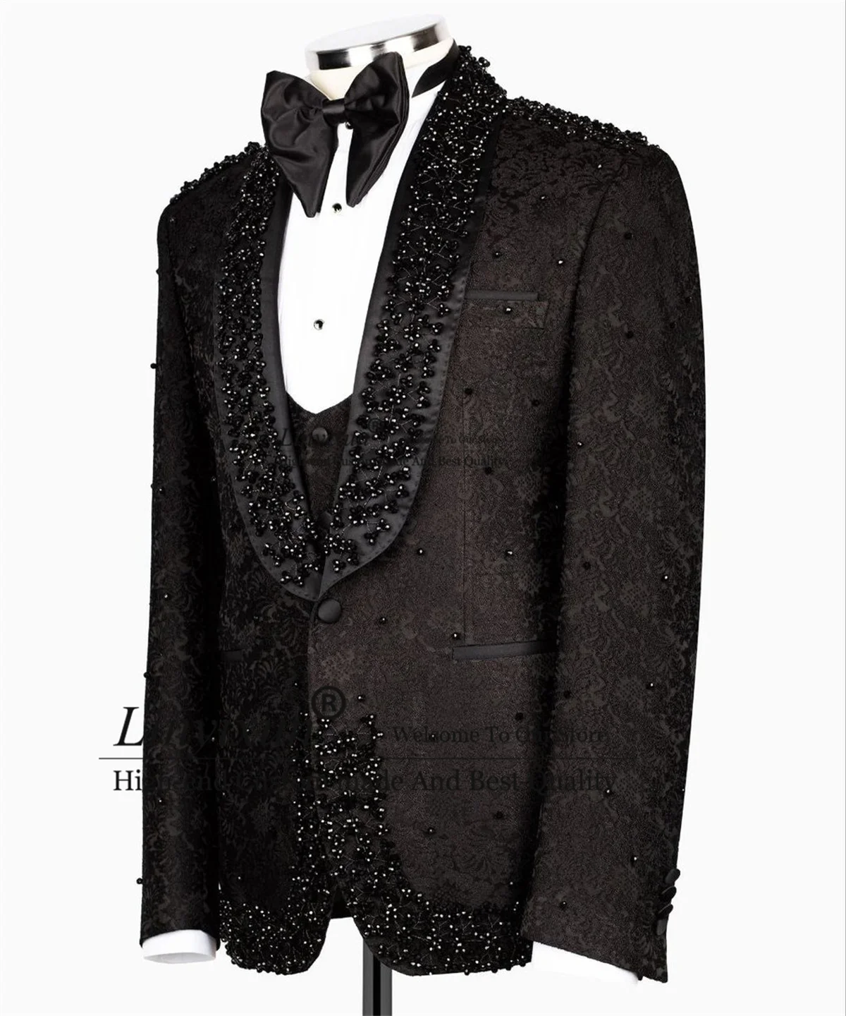 Fashion Jacquard Men Suits With Beaded Crystal Wedding Groom Prom Blazer 3 Pieces Set Male Party Tuxedo Costume Homme Customized