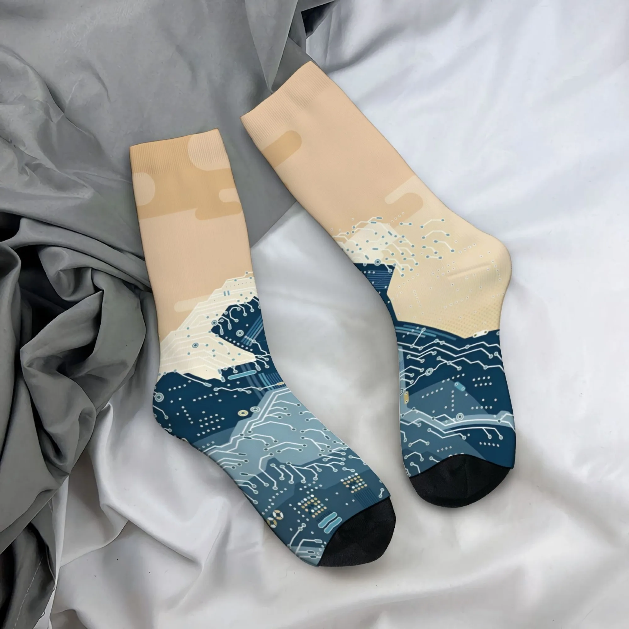 Ocean Wave Circuit Board Socks Non slip Stretchy Breathable Men's Socks Travel Running Streetwear Retro Style Compression Socks