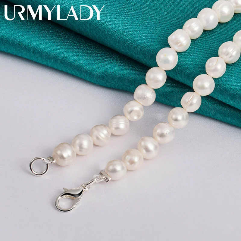 URMYLADY 925 Sterling Silver 7-8mm Pearl Chain Necklace Lobster Clasp For Women Man Wedding Fashion Engagement Jewelry