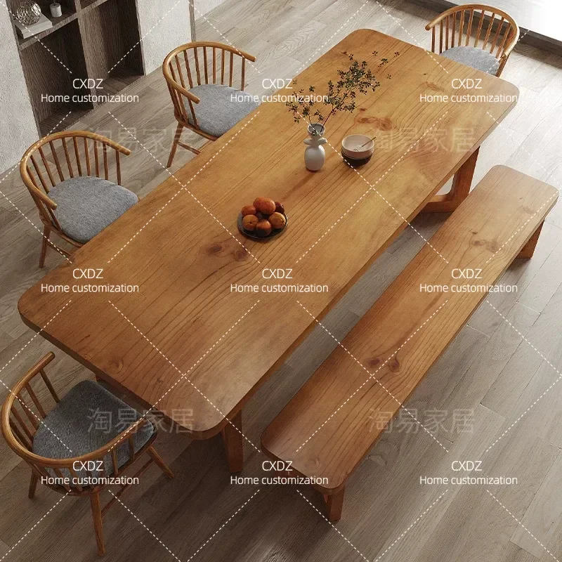 Nordic Solid Wood Dining Table and Chair Set Rectangular Log Long Table for Home Kitchen Office Workstation Bookshelf