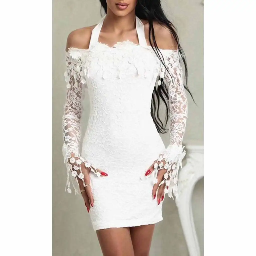 Lady Sexy White Lace Dress Long Sleeve Women Dress Bodycon Off Shoulder Lace Wedding Party Clubwear Evening Short Mini Dress y2k