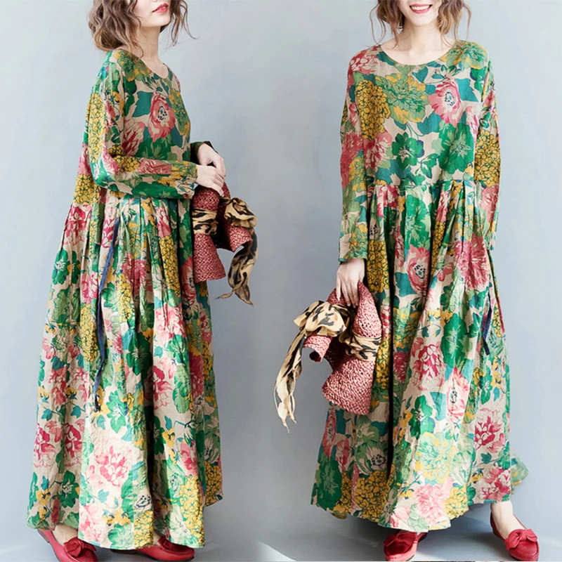 

Хлопково-льняная юбка с этническим принтом Dr Long Sve round Ne с завязкой на талии, большие размеры, женская юбка трапециевидной формы, свободная посадка, весенняя мода