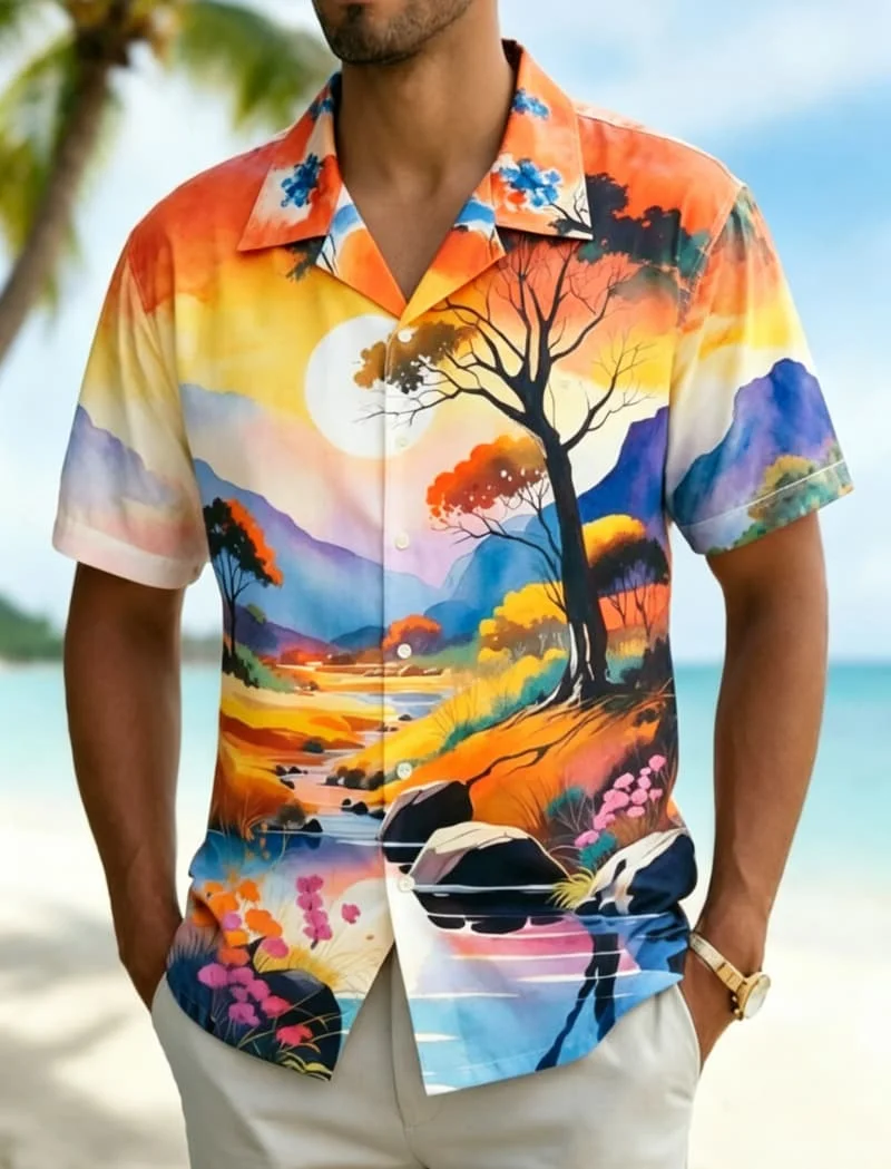 

Men's Relaxed Watercolor Flower Field Print Shirt, Casual Nature Style for Camping, Hiking, Beach Vacations & Outdoor Activities