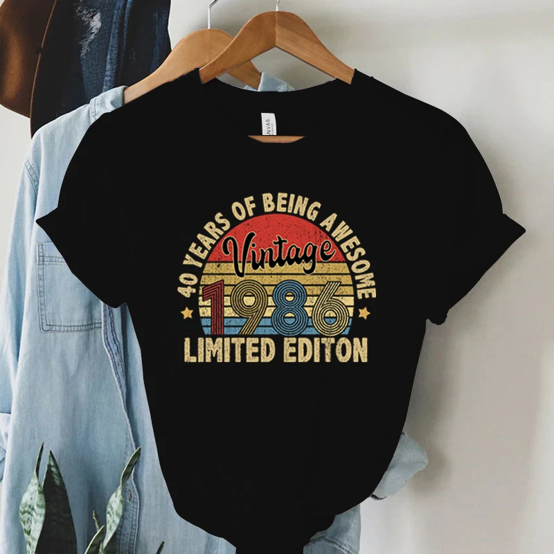 Vintage 1986 60th Birthday Print T-Shirt Women Retro Casual Tee for Birthday Gift & Daily Wear 1986 Limited Edition Tees