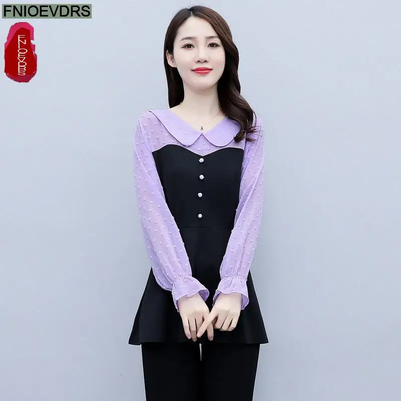 Loose Clothes Women 2024 Autumn Elegant Office Lady Button Shirts Casual Retro Vintage Peter Pan Collar Tunic Peplum Tops Blouse