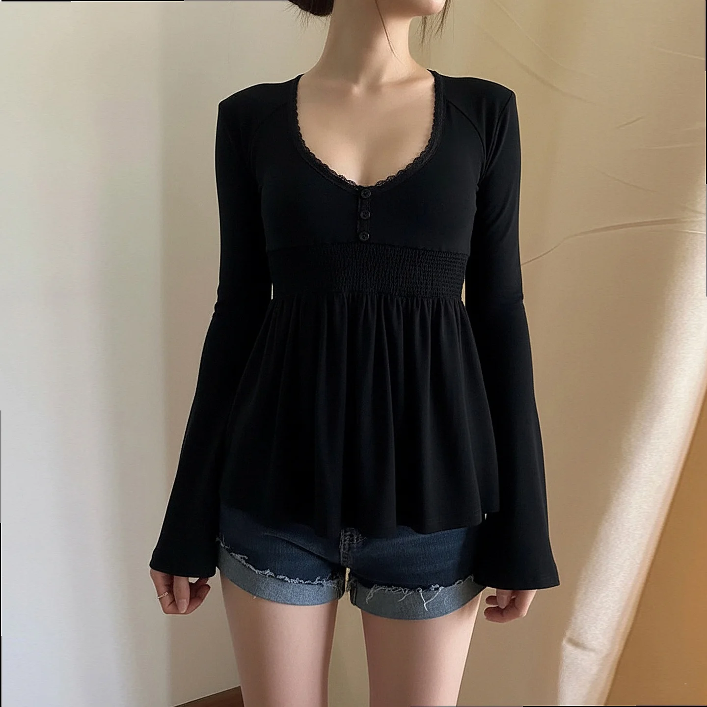 Pure Lace Trim Baby Doll Collar A-Line Long Sleeve Tee Shirt Blouse Tops Sweet Slim Fit T Shirts