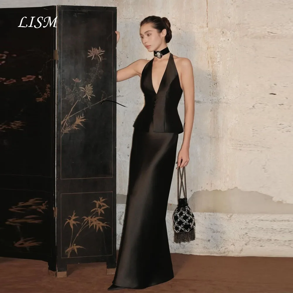 

LISM Customized Elegant Black Evening Dresses Women 2026 Backless Black Chic Satin Prom Gowns Sleeveless Party Dresses