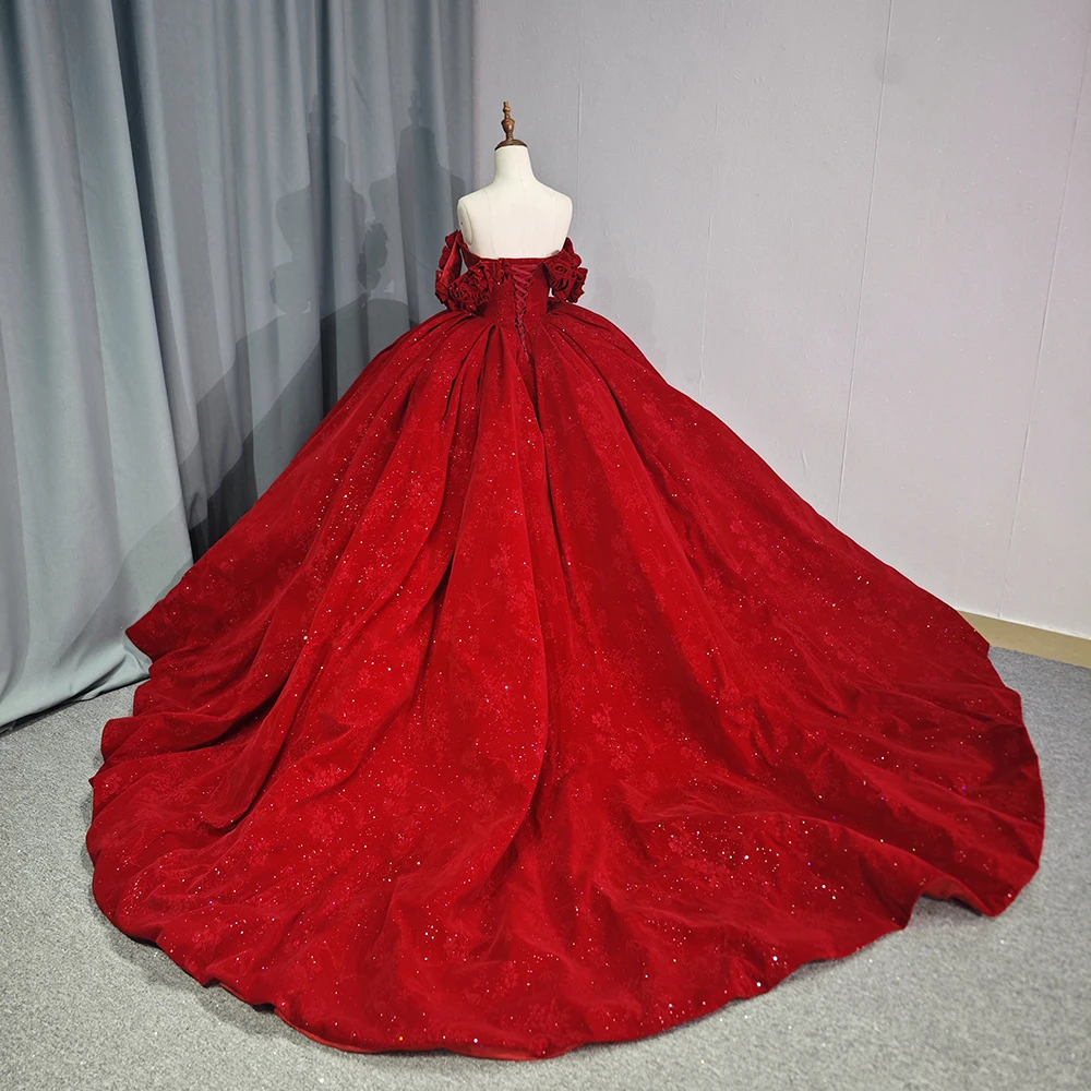 Glitter Red Quinceanera Dress Ball Gown V-neck Lace Beading Short Sleeves International Court Train Sweet 16 Vestido De 15 Anos