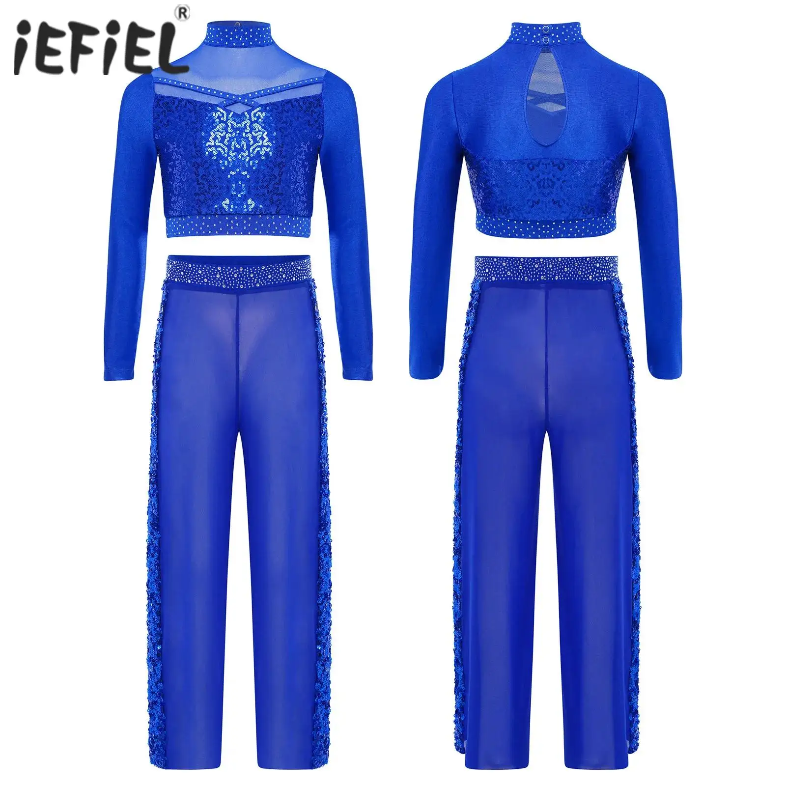 Zestawy do tańca jazzowego dla dziewczynek, strój sportowy, kostium sceniczny, golf, długi rękaw, błyszczący cekinowy crop top z siateczkowymi spodniami