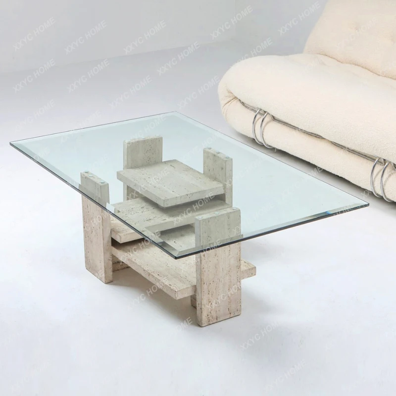 LGlass coffee table small apartment simple modern living room sofa cave stone rectangular creativity