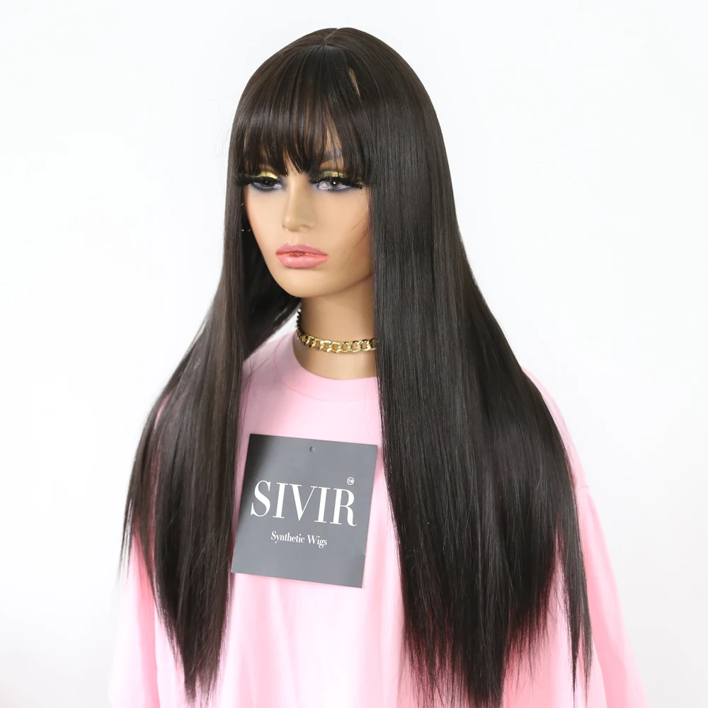 Sivir Synthetic Wigs 24inch Long Straight with Natural Bangs  Black color Wigs for Women Cosplay Wigs High Temperature Fiber