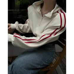 Apricot Women Sweatshirt Coat Solid Stripe Vintage Long Sleeve Short Korean Fashion Casual Y2K Style 2023 NEW Autumn Female Tops