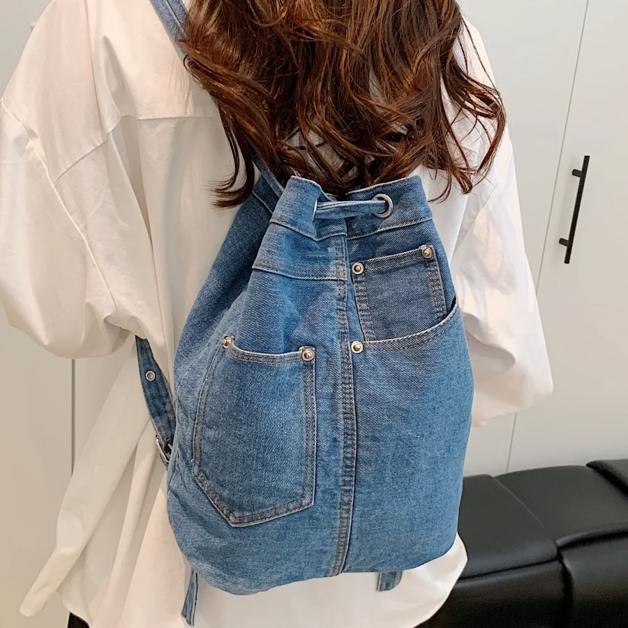 Denim Female Backpacks Casual School Backpack for Teenage Girls Luxury Drawstring Women Daypack Bagpack Women Hand Bag Blue