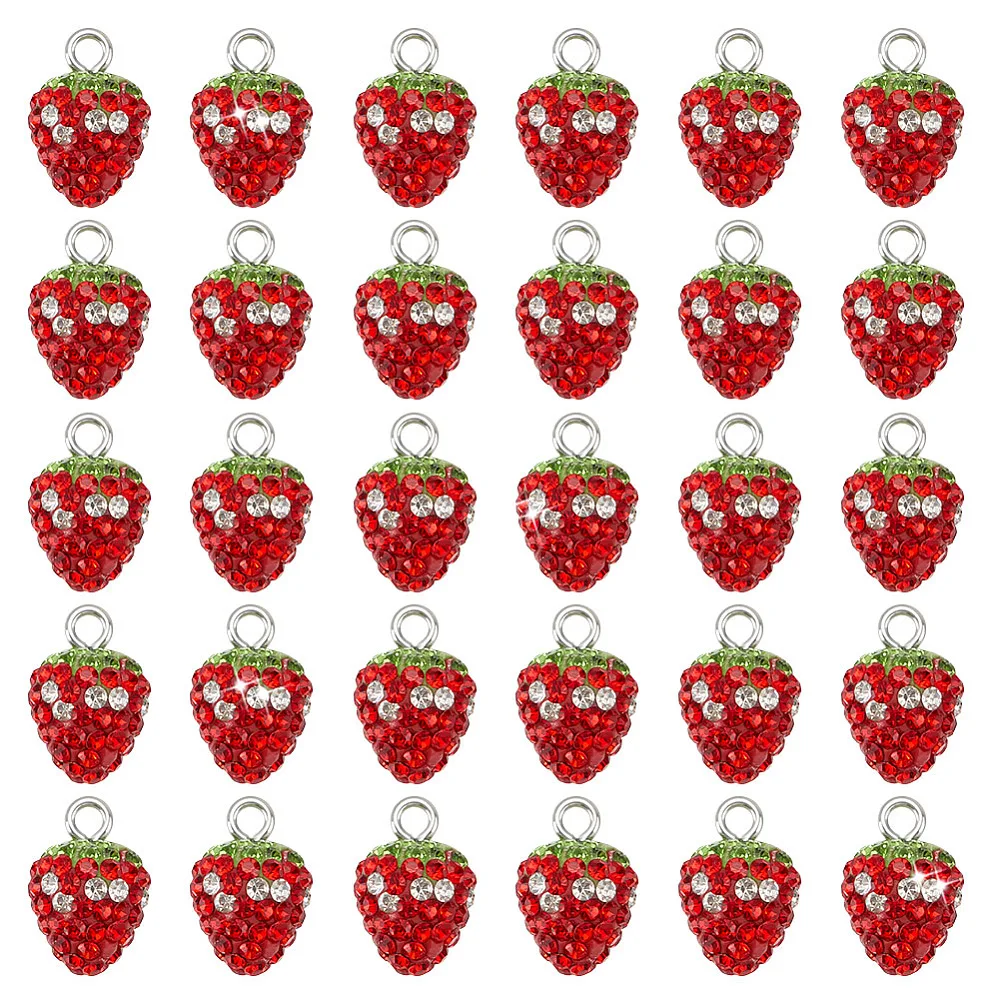 30Pcs Strawberry Rhinestone Pendant Red Strawberry Charms Pendant Fruit Charms Polymer Clay Large 3D Strawberries Pendants