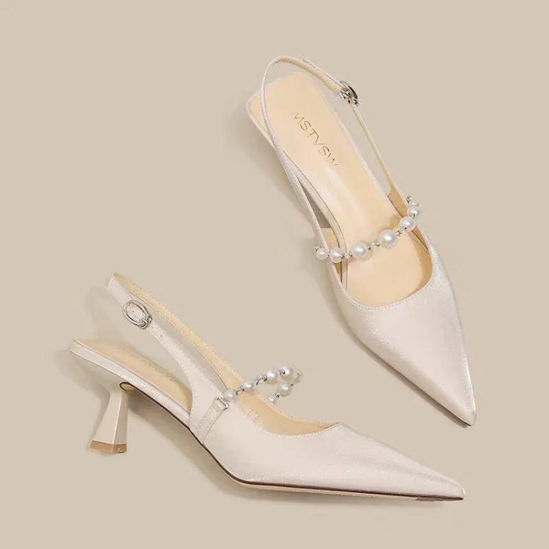 

Baotou Sandals Fashion Pointed Toe Shallow Mouth Beaded One Strap Anti-slip Wear-resistant High Heels