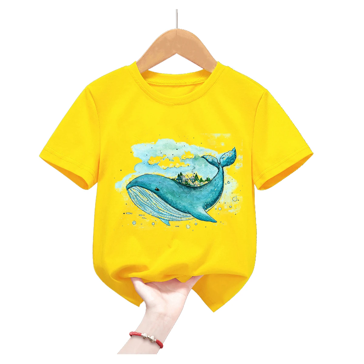 Delfin z nadrukiem balonu żółta koszulka dziewczęce/chłopięce Harajuku Kawaii dziecięce ubrania wieloryby kwiaty letnie topy modne T Shirt