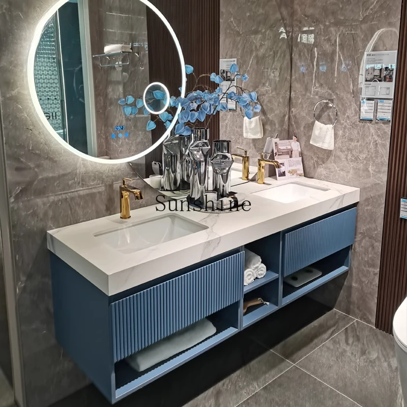 

Modern simple light luxury rock slab bathroom cabinet combination integrated basin smart bathroom sink