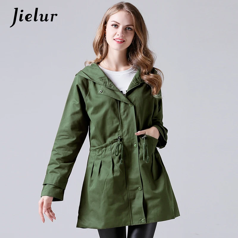 

Autumn Fashion XL-4XL Size Army Green Coat Female Drawstring Waist Long Trench Coat Women Hooded Windbreaker