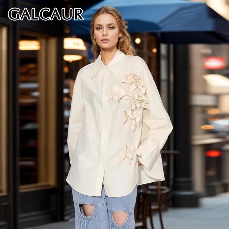 

GALCAUR Spliced Appliques Blouse Women Lapel Long Sleeve Patchwork Single Breasted Loose Folds Solid Fomal Shirts Female Autumn