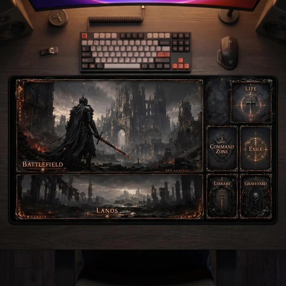 Dark Fantasy MTG Playmat Gothic Ruins Desk Mat Gaming Mousepad TCG Mat Warrior Knight Grim Gaming Setup Accessory