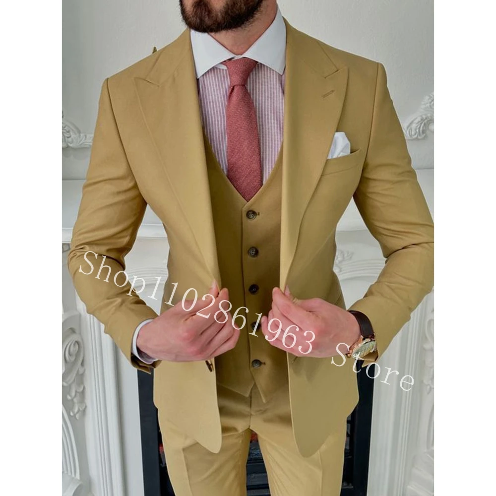 

New Arrival Men Suits Peak Lapel Two Buttons 3 PIeces Best Men Groom Tuexdos For Wedding Blazer+Vest+Pants Trajes De Hombre