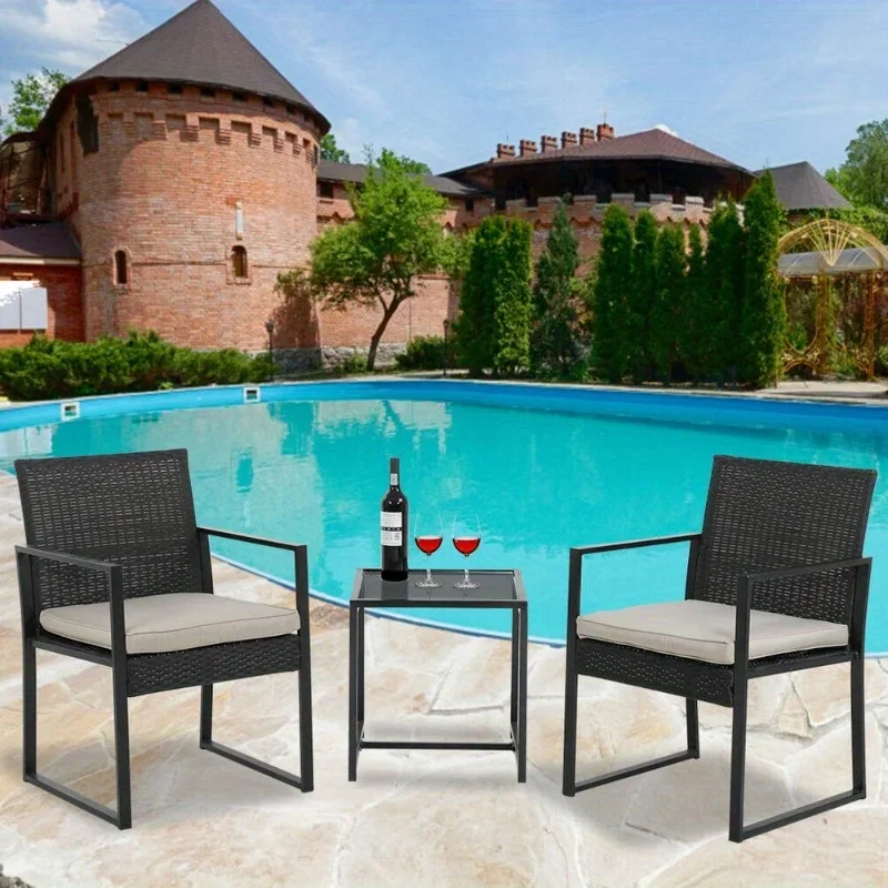 Terrassen-Bistro-Set, 3-teilig, für den Außenbereich, Korbstuhl, Terrassen-Rattan-Möbel, Korbgeflecht-Set