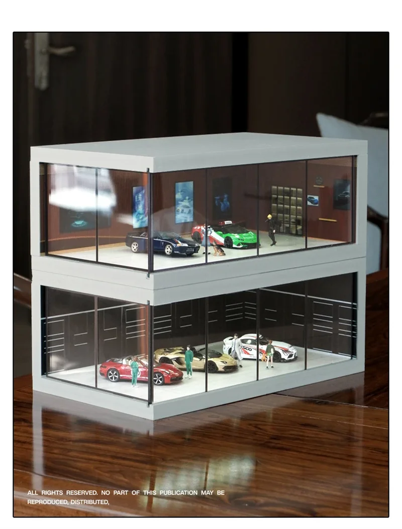 1/64 Miniature Scene Accessory DIY Parking Lot Dust Cover Storage Boxes Car Showroom W light Display Case For Vehicle Model Fans