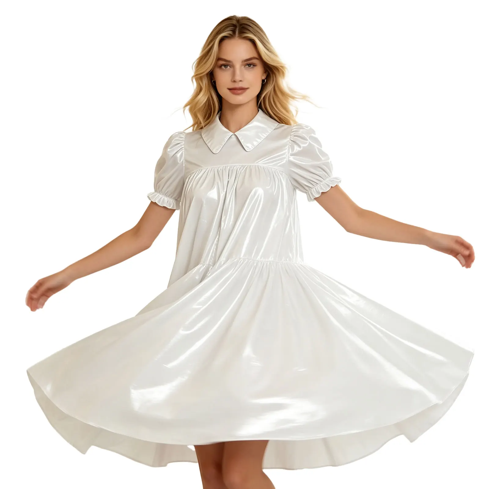 Wasserdichtes Vinyl-Kleid für Damen mit Puffärmeln, Empire-Taille und Revers, Regency-Schlafkleid für viktorianische Cosplay-Partys