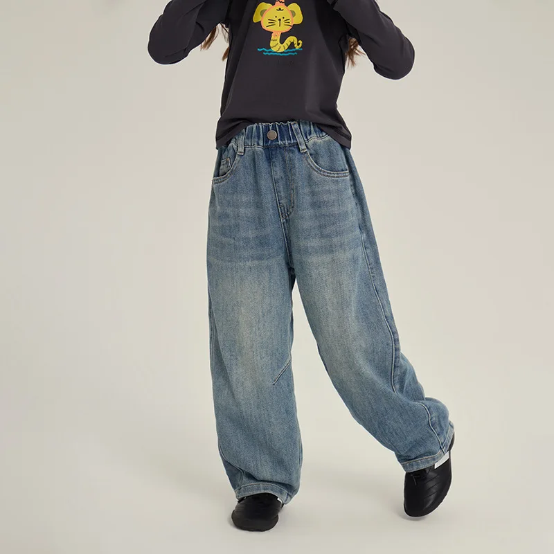 2025 Children's Splicing Wide-leg Jeans Autumn New Children's Loose and Versatile Straight-leg Pants