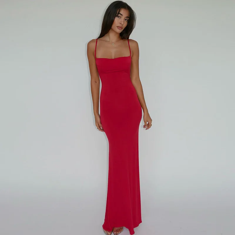 

2023 Pure Color Sleeveless Backless Elegant Sexy Bodycon Y2K Maxi Prom Dress Summer Women Clothes Birthday Party Casual