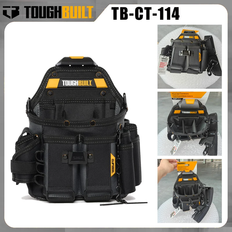 TOUGHBUILT TB-CT-114 Electrician Tool Pouch ClipTech Quick Attach Padded Shoulder Strap Integrated Kickstand 18 Pockets