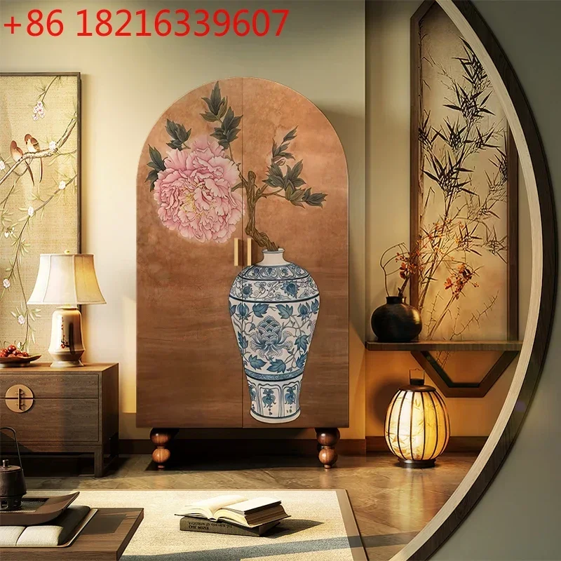Celadon Peony Chinese Classical Solid Wood Small Home Bedroom Hanging Wardrobe Cloakroom Storage