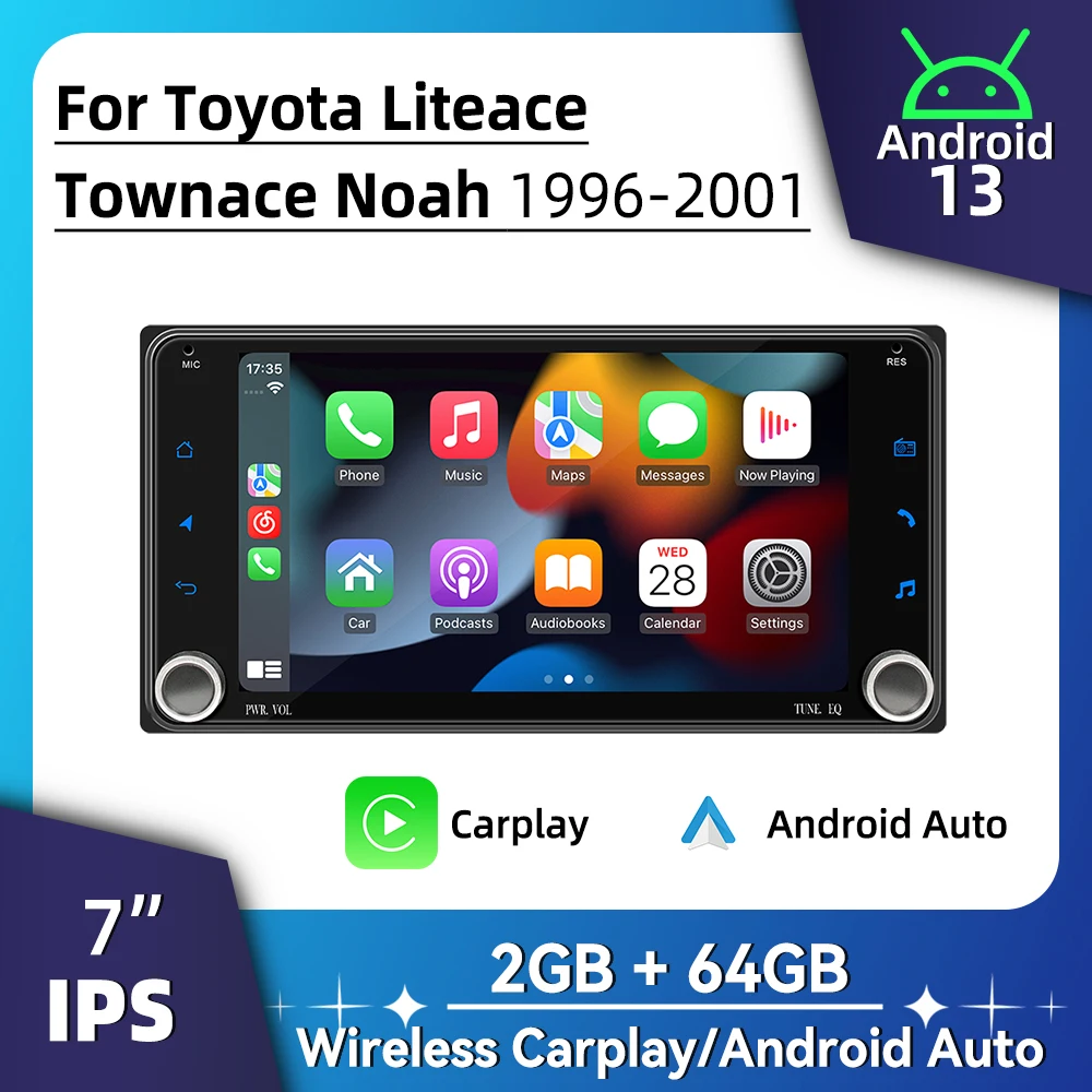 

7" Android 2 Din Car Radio for Toyota Liteace Townace Town Ace Noah 1996-2001 Wireless Carplay, Android Auto Multimedia Stereo