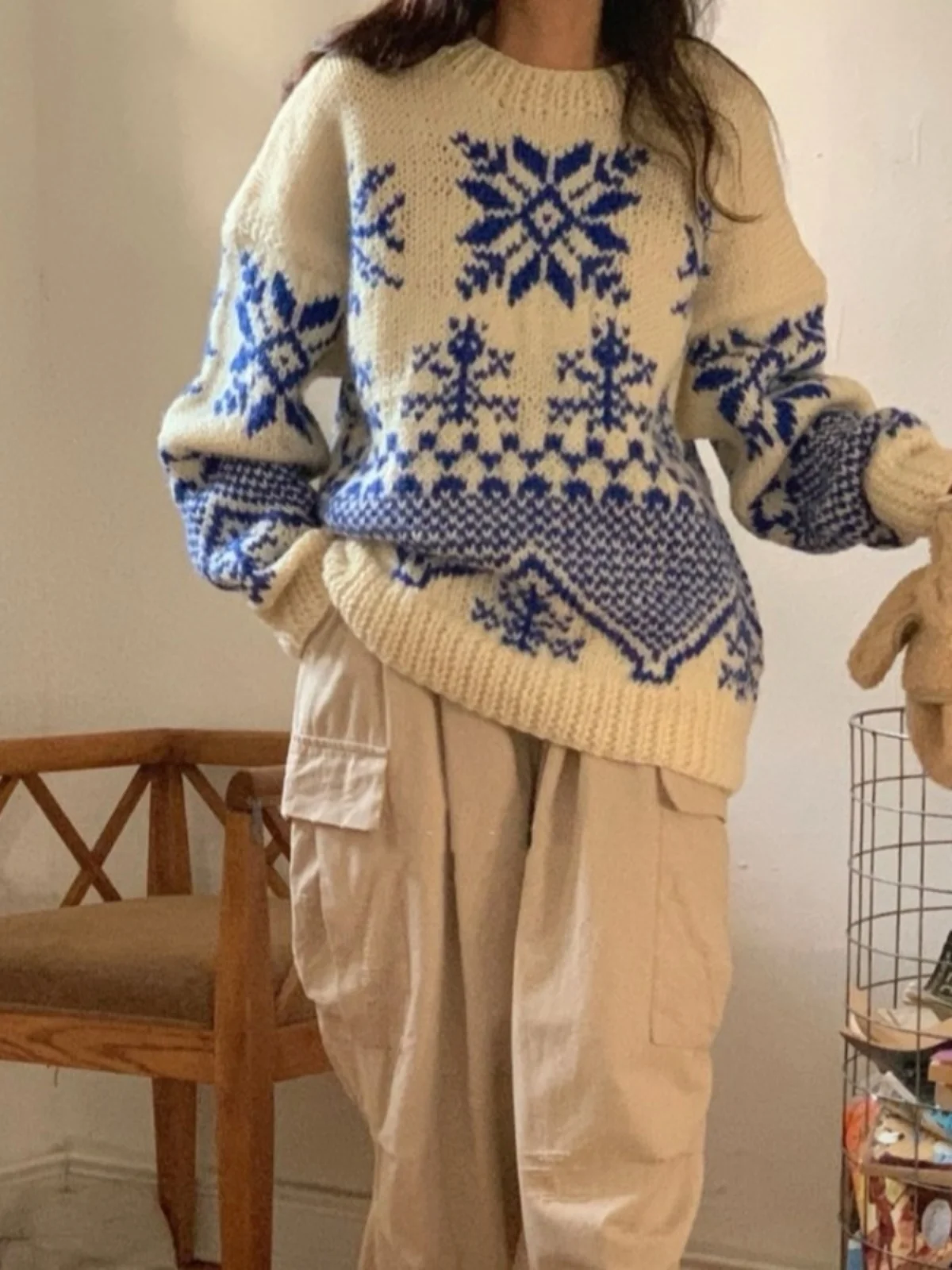

Chic Lazy High-End Knitted Sweater Winter Warm Long Sve round Ne Snowflake Embroidery Loose Top Women's Faion Premium ...