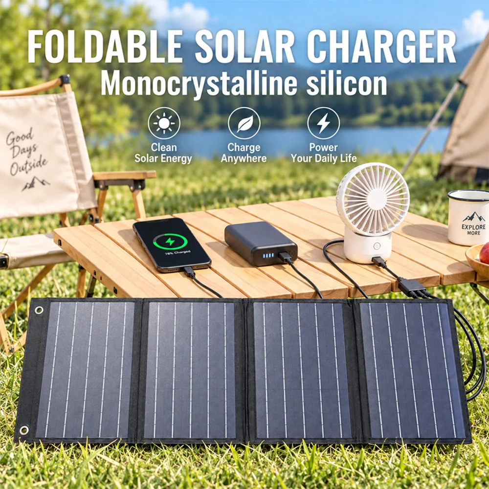 40W Foldable Solar Panels, 60W Peak 4-Panel Portable Solar Charger with USB-A, USB-C and DC Outputs, Lightweight Solar Charging Panel for Camping, Hiking, RV, Travel, Power Banks and Small Devices