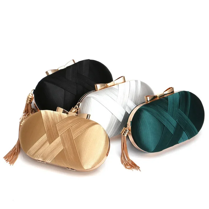 Emerald Tassels Evening Bag Women Elegant Cocktail Party Clutch Purse Solid Color Gold Metal Frame Woven Sac À Main Mariage