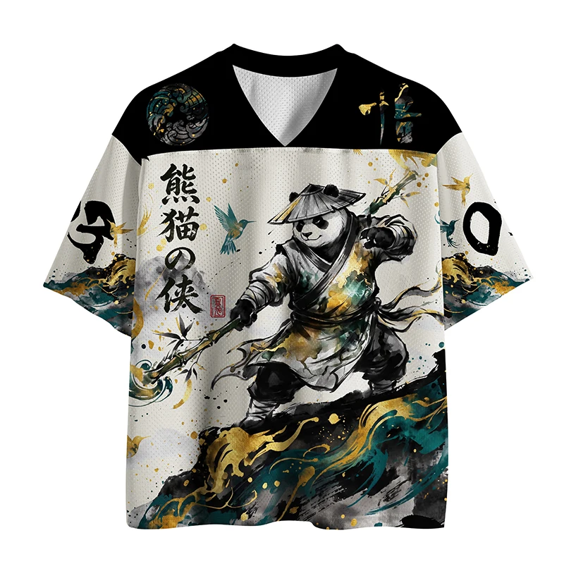 Samurai Panda Ink Painting Jersey T-shirt Oriental Kung Fu Art V Neck Short Sleeve Loose Harajuku Streetwear Tee