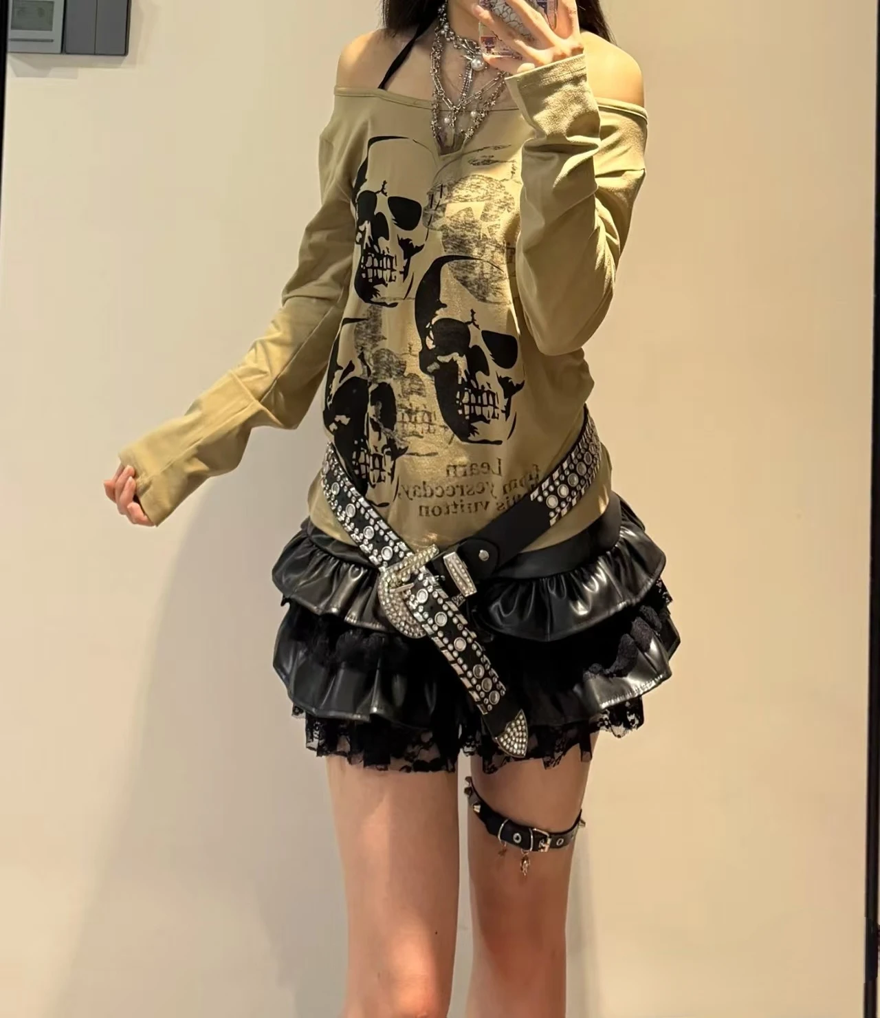 

Aesthetic Gothic Subculture Vintage T-shirt Woman Fashion Clothing Pullover Tops Skull Printed Long Sleeve Bodycon Tees Harajuku