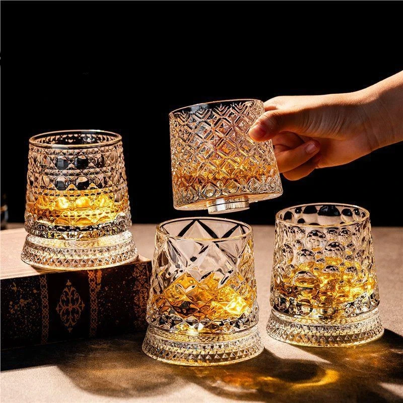 2026 Crystal Whiskey Glasses Rotating 360 Degrees Whisky Glass with Glass Base for Cocktail Party Drinking