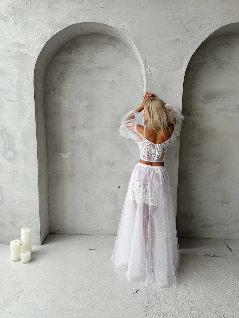 Boudoir-Kleid, Dessous-Set für die Braut, weißes Boudoir-Kleid, Hochzeits-Robe, Braut-Robe, transparente Maxi-Spitze-Robe, Fotoshooting-Robe, Brautkleid