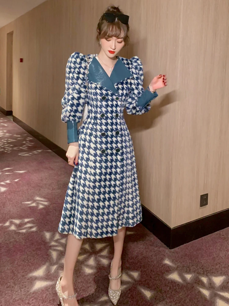 

Fashion Korean Style Women Woolen With Elegant Jacket Coat Double-Breasted Puff Sleeve Houndstooth Vintage Female Long Outerwear