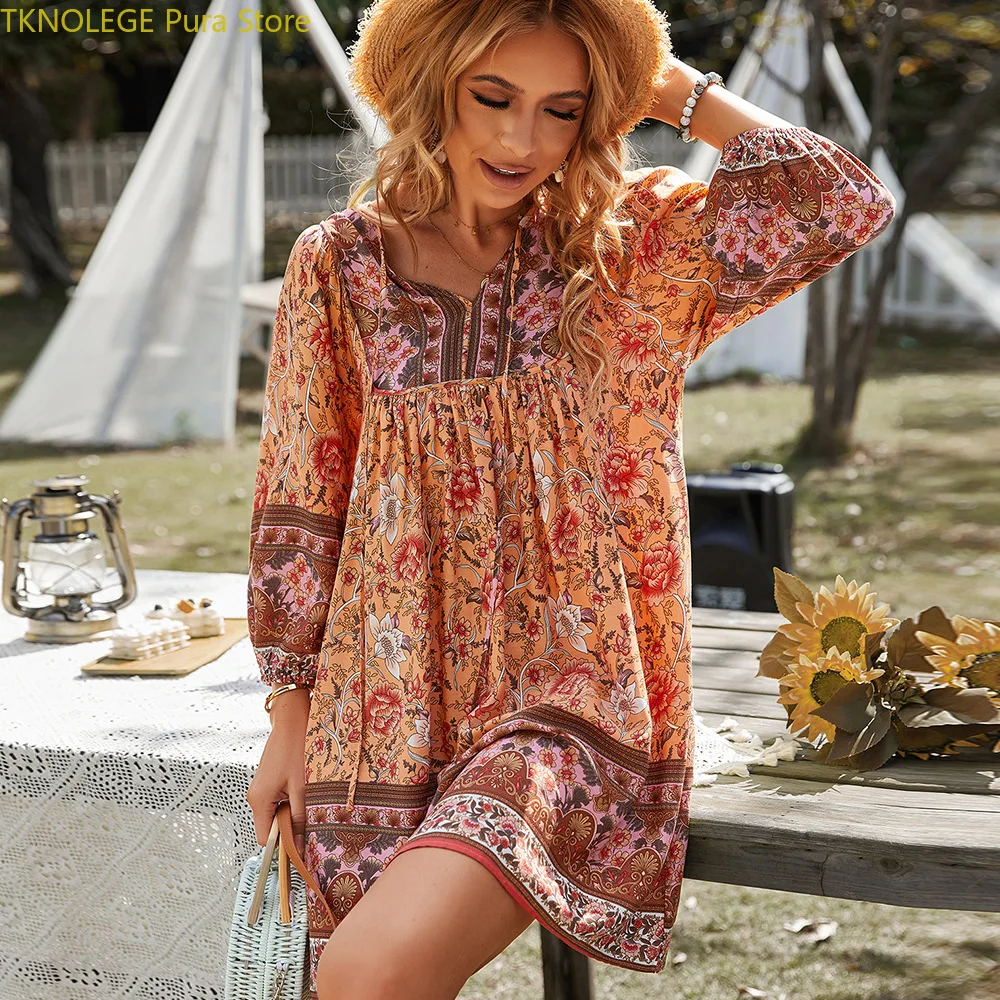 

TKNOLEGE New Colorful Summer Dress Floral Long-sleeved Loose Casual Holiday Bohemian Beach Above Knee Sexy Dress for Women